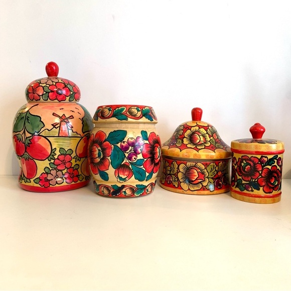 VTG Lot Russian USSR Wooden Folk Art Vase Canister Jar Lids Painted Marked READ - Picture 1 of 16